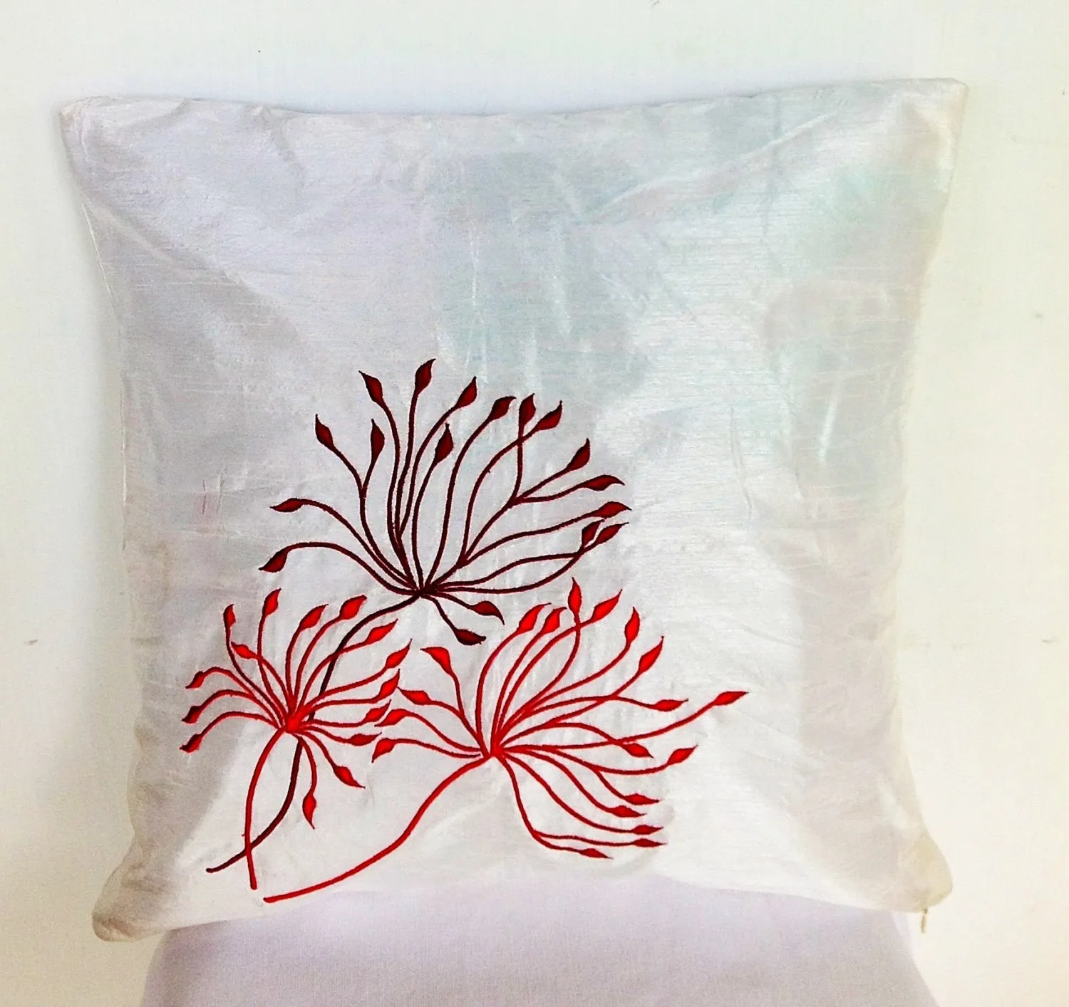 50% OFF Sale Easter gift ideas, Embroidered White Pillow Cover -Unique Gift, Flower embroidered silk white throw pillows, 18"X18"