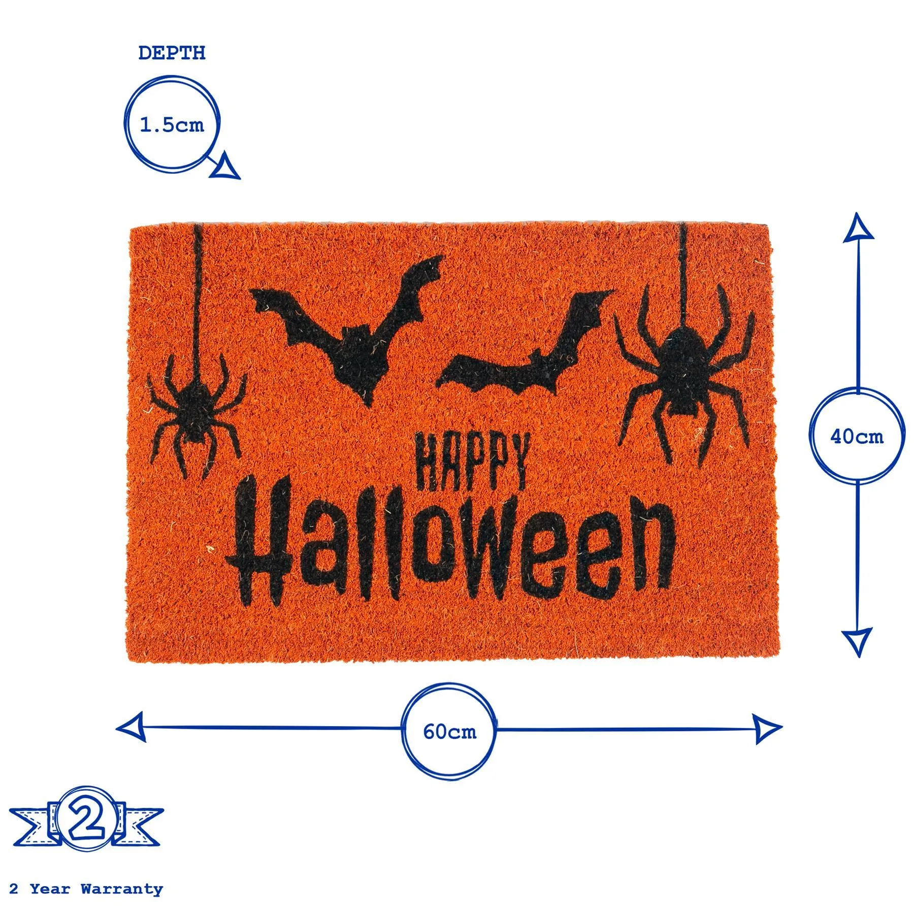 60cm x 40cm Orange Happy Halloween Coir Door Mat - By Nicola Spring