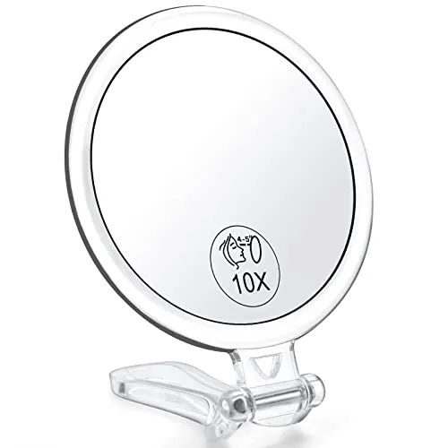 AMISCE 10x Magnifying Handheld Mirror, 2-Sided with Adjustable Stand, Foldable and Portable, Suitable for Makeup, Shaving, Deep Cleaning