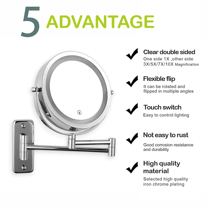 Anyvogue 7in Wall Mounted Smart LED Makeup Mirror Double Sided Touch Dimming Adjustable 3x Magnification Battery Type