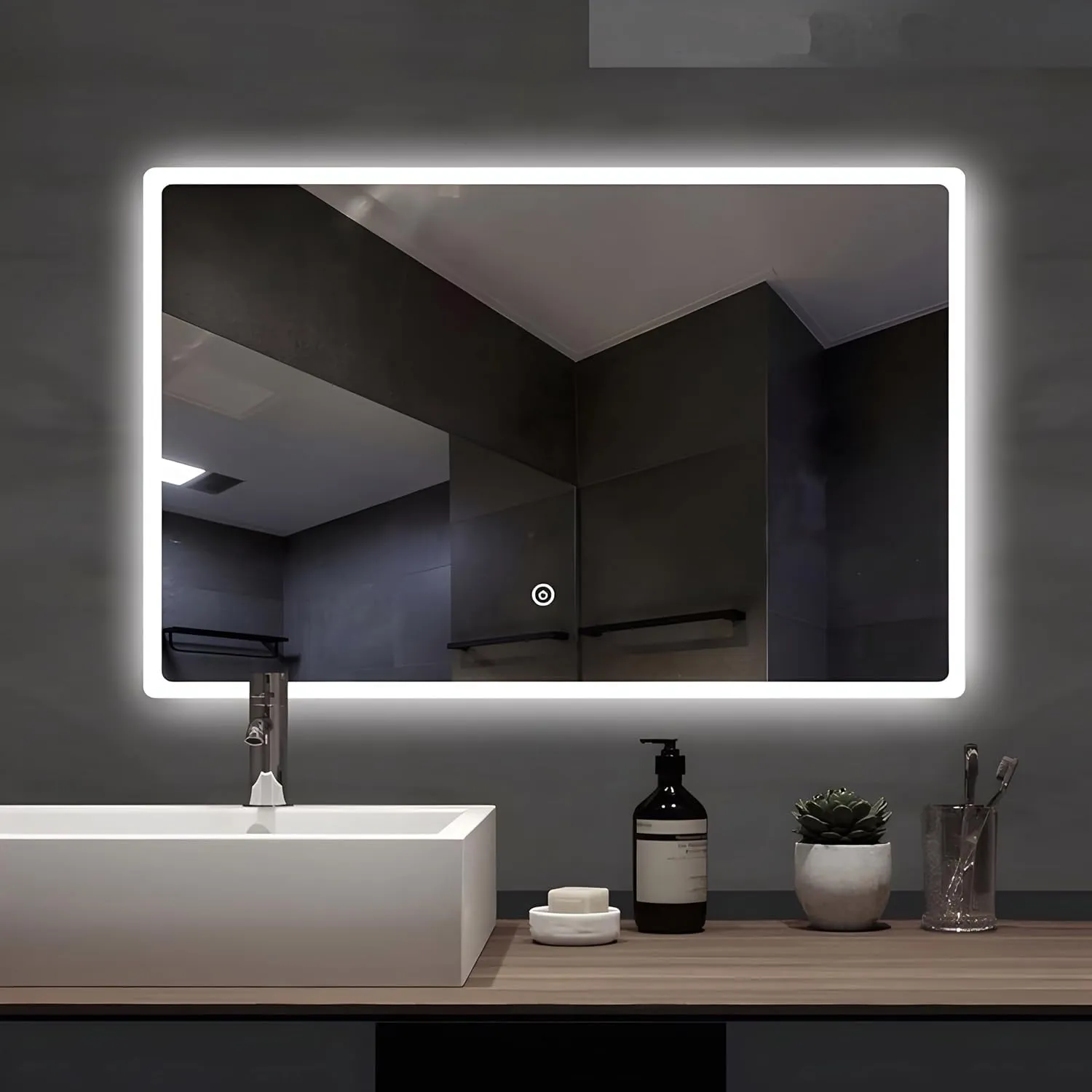 ARC homes Rectangular Decorative Design Led Wall Mirror with Touch Sensor Led Mirror for Bedroom, Wash-Basin Lighting Bathroom Mirror with Led Lights (Triple Light, 15 x 18 Inch)