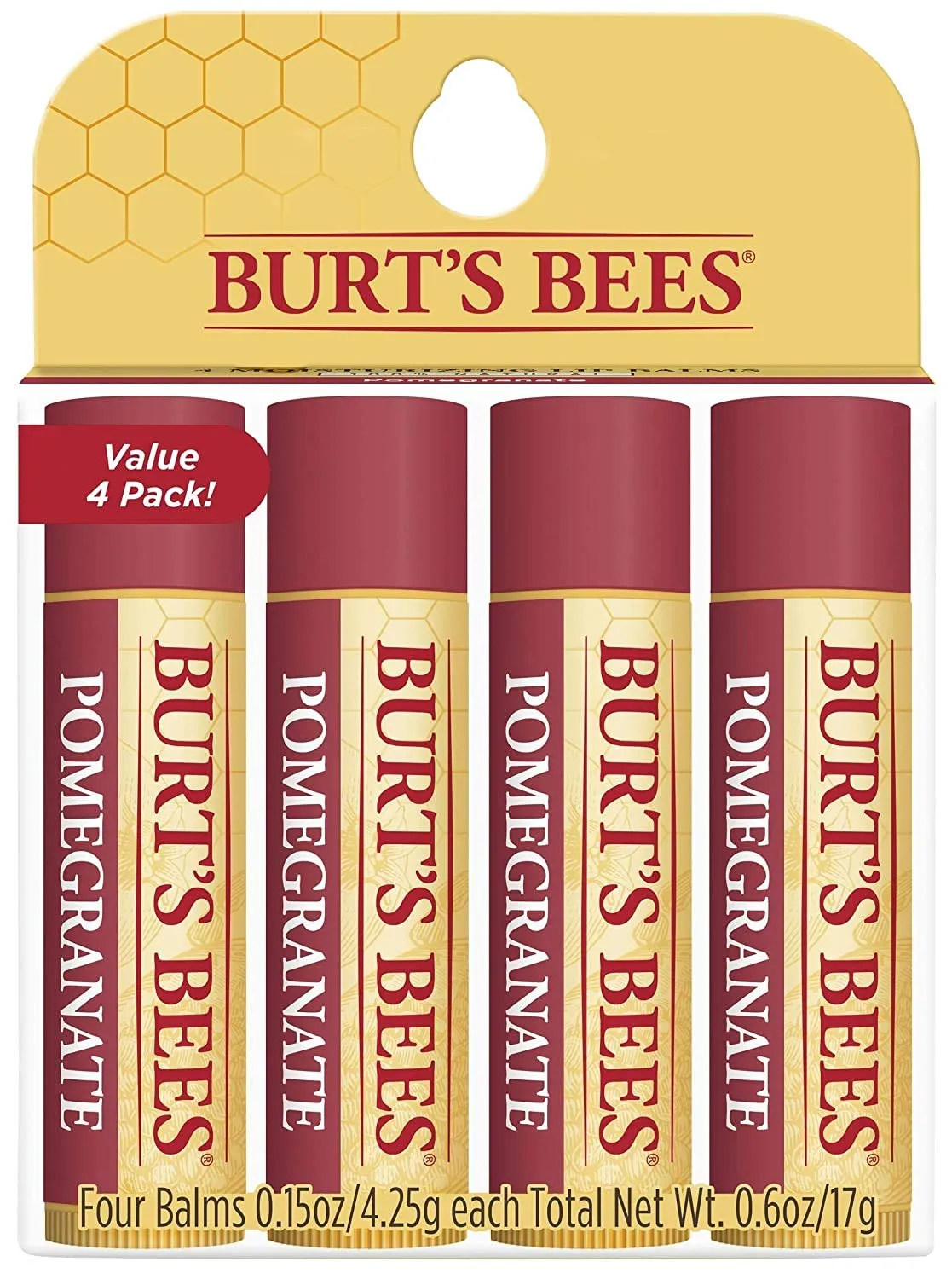 Burt's Bees 100% Natural Moisturizing Lip Balm, Pomegranate with Beeswax and Fruit Extracts - 4 Tubes