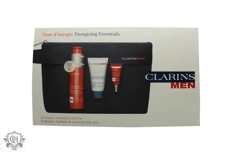 Clarins Men Gift Set 50ml Energizing Gel   3ml Energizing Eye Gel   30ml Active Face Wash   Bag