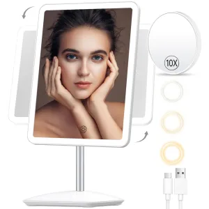 COSMIRROR Makeup Mirror with Lights,Lighted Makeup Mirror with 10x Magnifying,Rechargeable Led Light up Makeup Mirror,Vanity Travel Mirror with 3 Color Light,Touch Screen 360°Rotation Desk Mirror