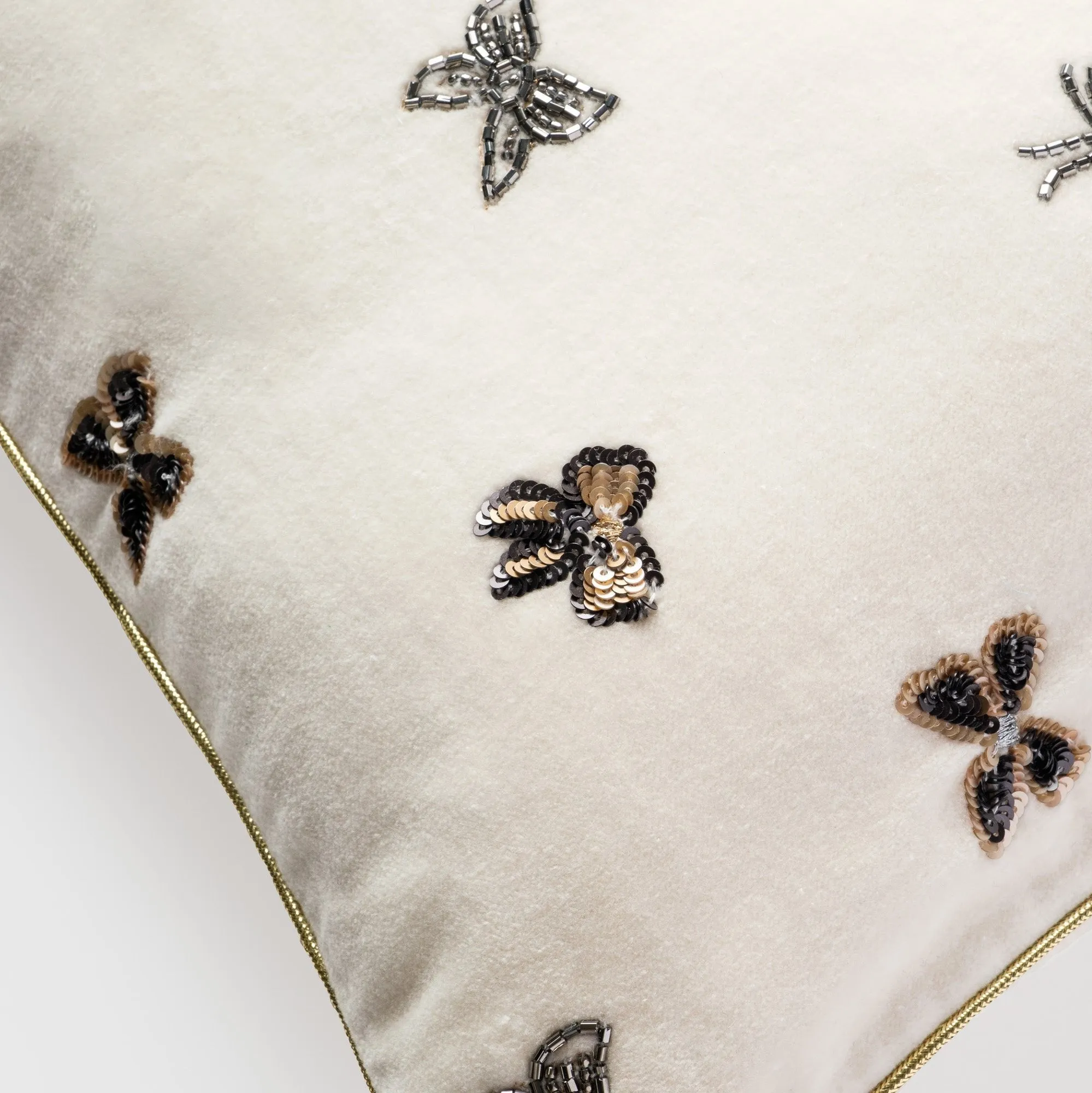 Embroidered bow pillow cover, cream cotton velvet