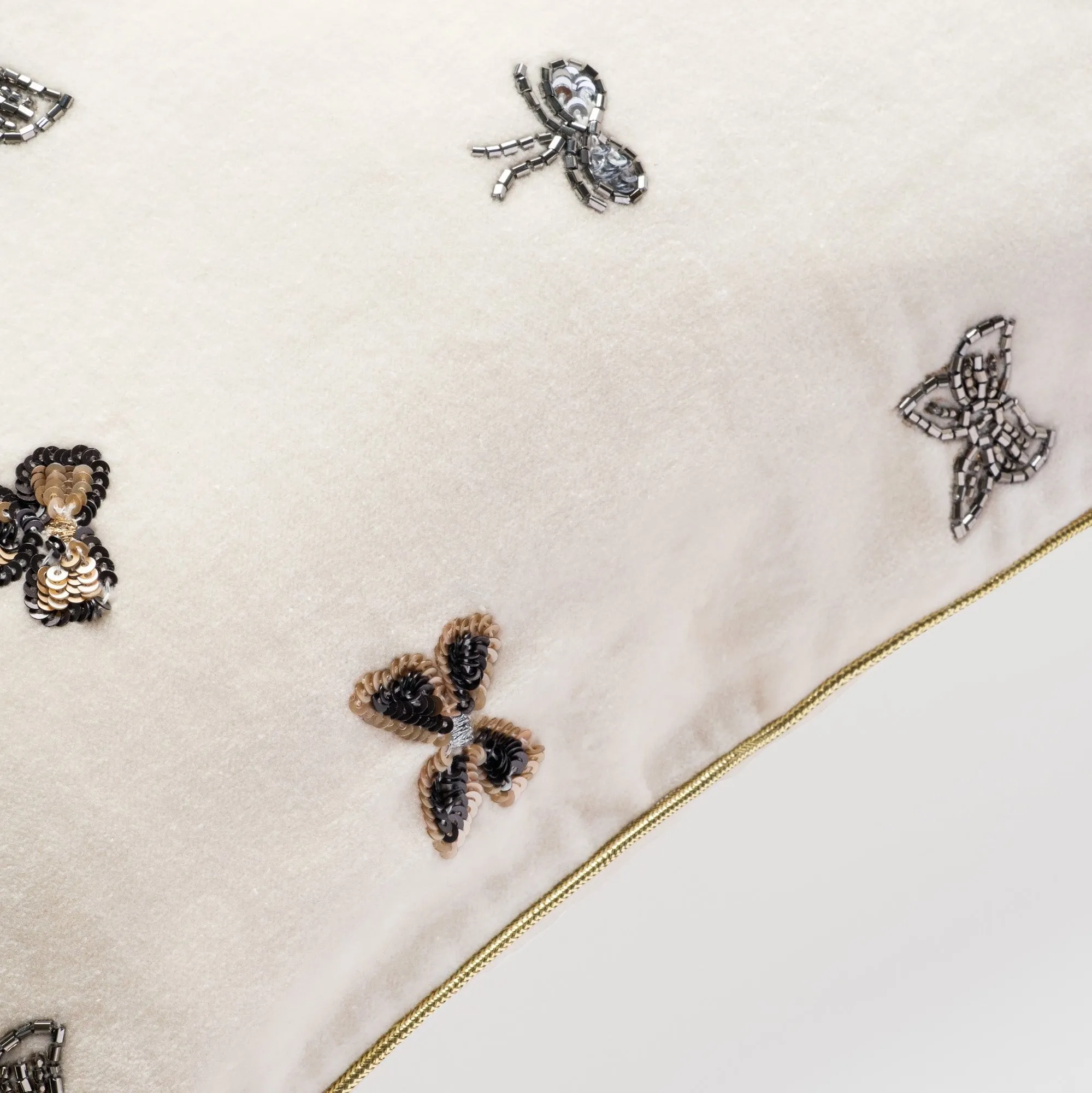 Embroidered bow pillow cover, cream cotton velvet