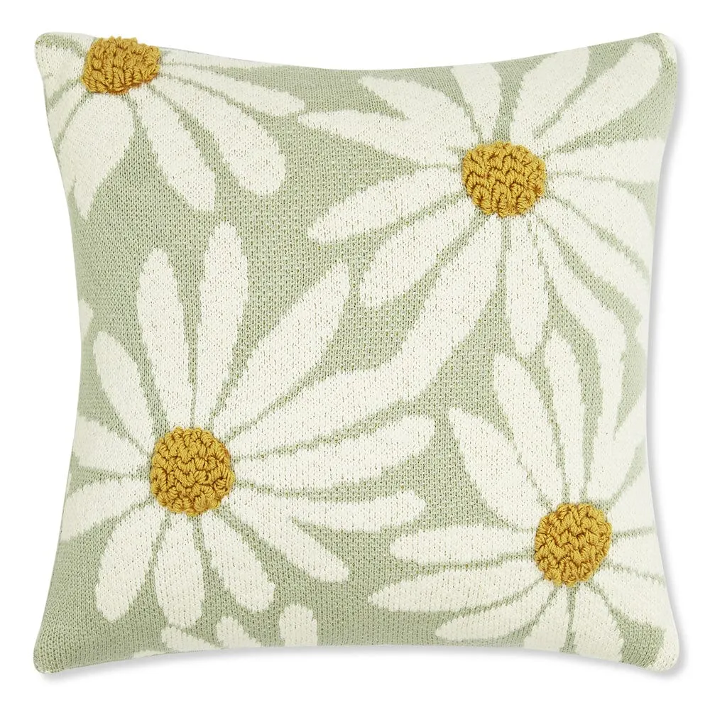 Knitted Embroidered Decorative Cushion Cover, Big Flower Mint