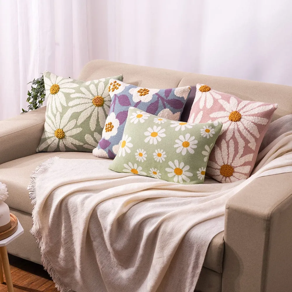 Knitted Embroidered Decorative Cushion Cover, Big Flower Mint