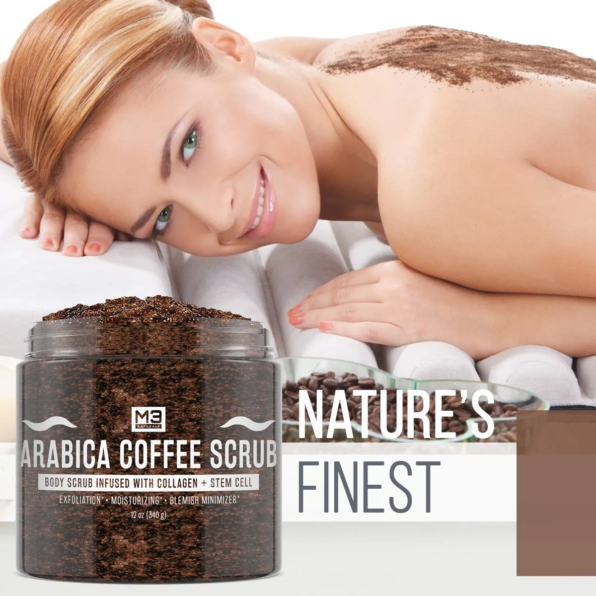 M3 Naturals Arabica Coffee Body Scrub with Collagen & Stem Cell - Exfoliating Body Scrubber & Face Cleanser - Fight Skin Care Appearance - Cellulite, Fine Line, Stretch Mark & Spider Veins! 12 oz