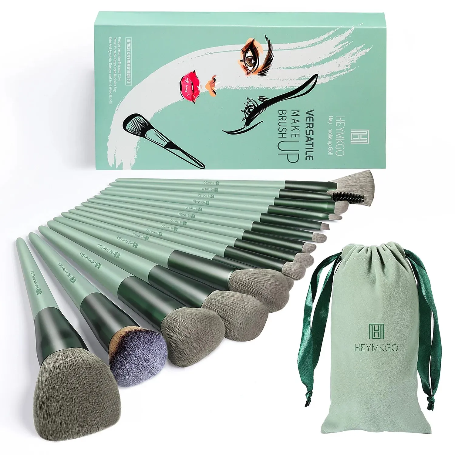 Makeup Brushes 15Pcs Makeup Brush Set Premium Synthetic Bristles Green Color Conical Handle Kabuki Foundation Brush Face Lip Eye Makeup Sets Professional with Portable Drawstring Flannel Bag