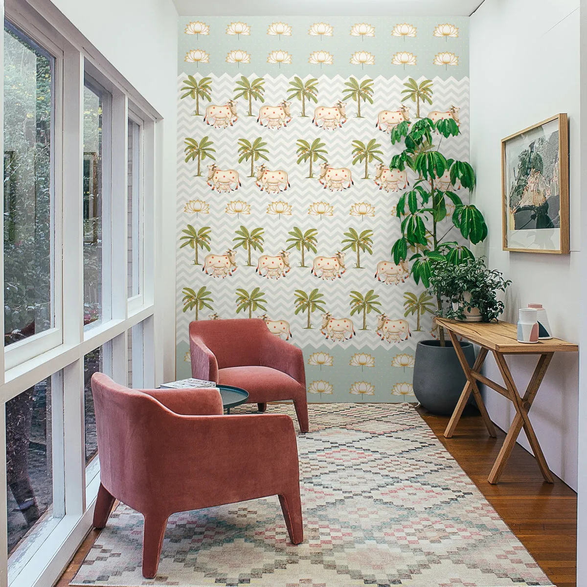 Pichwai Cows in Chevron Pattern Wallpaper