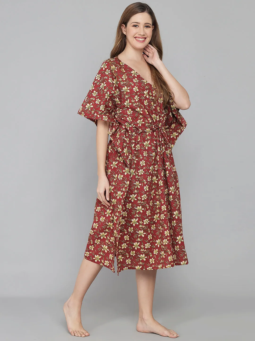 Red Floral Print Cotton Kaftan