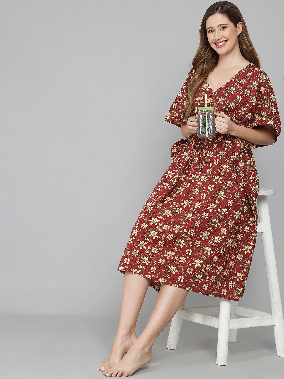 Red Floral Print Cotton Kaftan