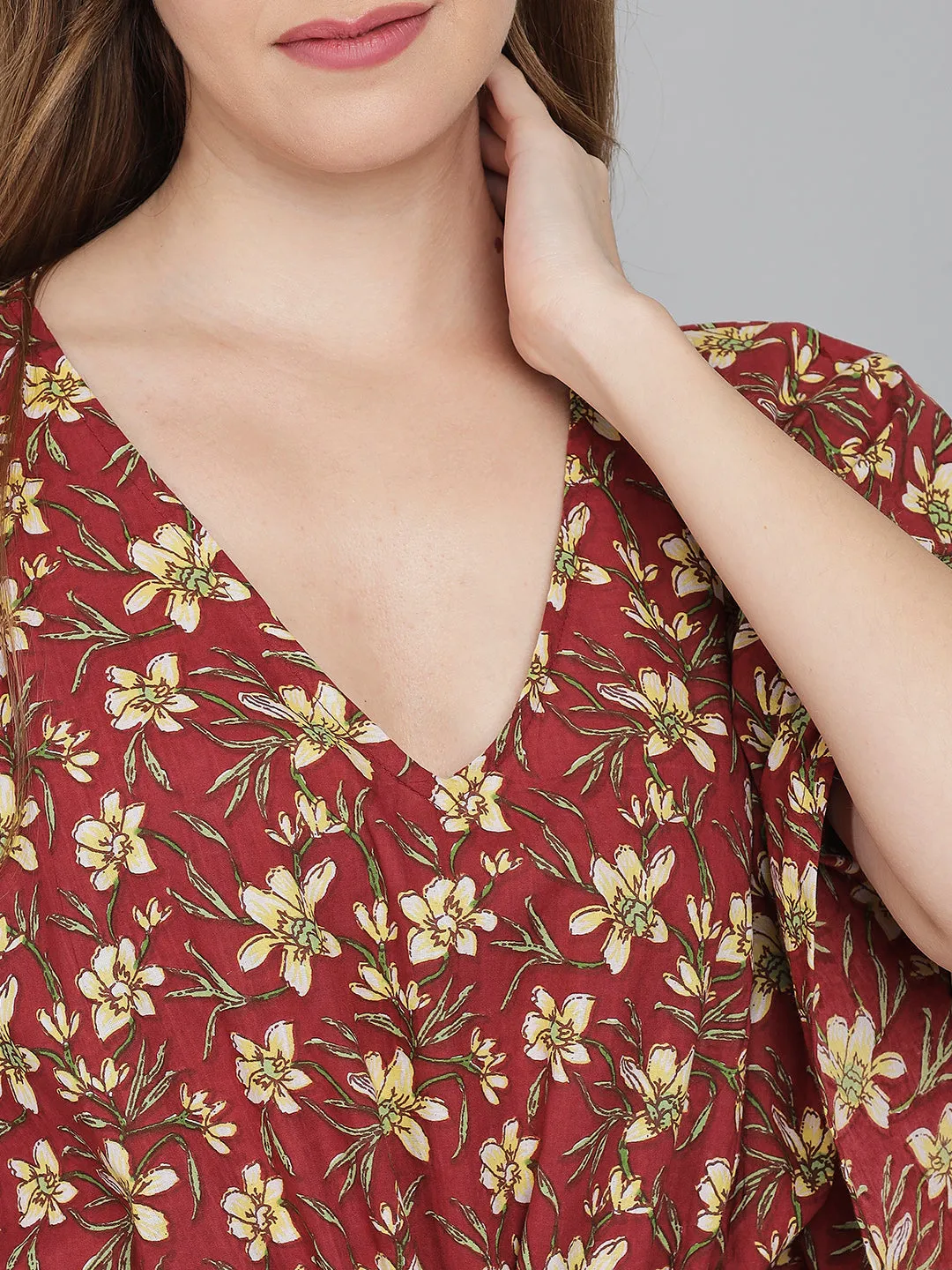 Red Floral Print Cotton Kaftan