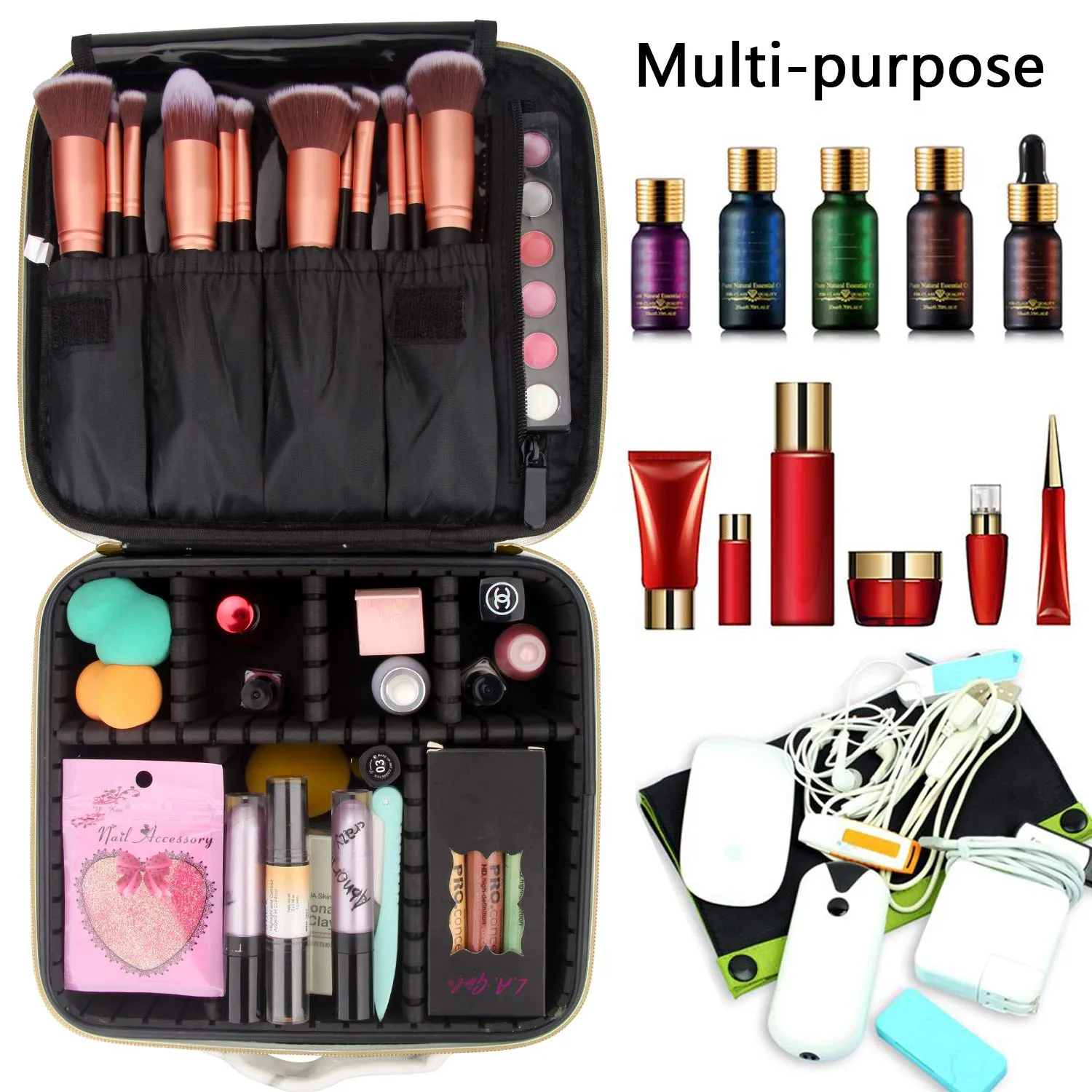 Relavel Travel Makeup Train Case Makeup Cosmetic Case Organizer Portable Artist Storage Bag with Adjustable Dividers for Cosmetics Makeup Brushes Toiletry Jewelry Digital Accessories (Marble, White)