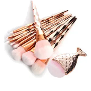 RORASA 11Pcs Diamond Rose Gold Makeup Brush Set Mermaid Fishtail Foundation Brush Kit