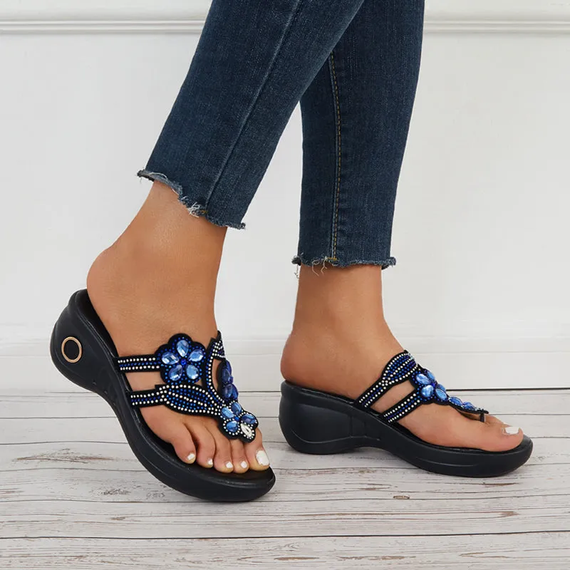 Sohiwoo  Women Flower Rhinestone Platform Wedges Open Toe Flip Flop Slide Sandals