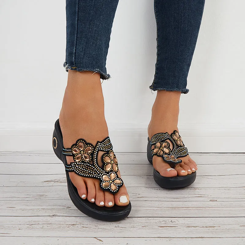 Sohiwoo  Women Flower Rhinestone Platform Wedges Open Toe Flip Flop Slide Sandals
