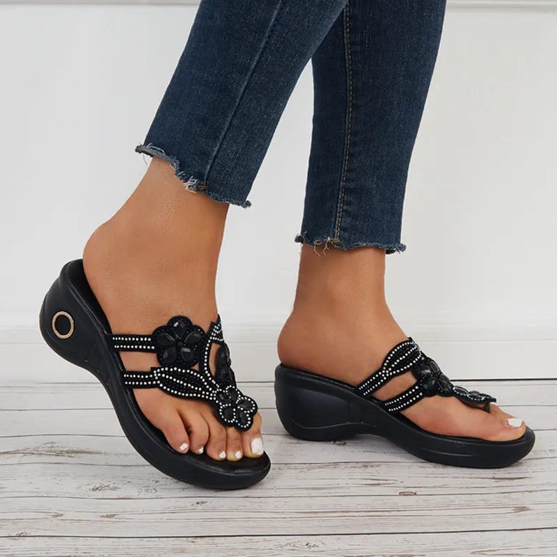 Sohiwoo  Women Flower Rhinestone Platform Wedges Open Toe Flip Flop Slide Sandals
