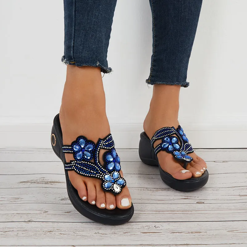 Sohiwoo  Women Flower Rhinestone Platform Wedges Open Toe Flip Flop Slide Sandals