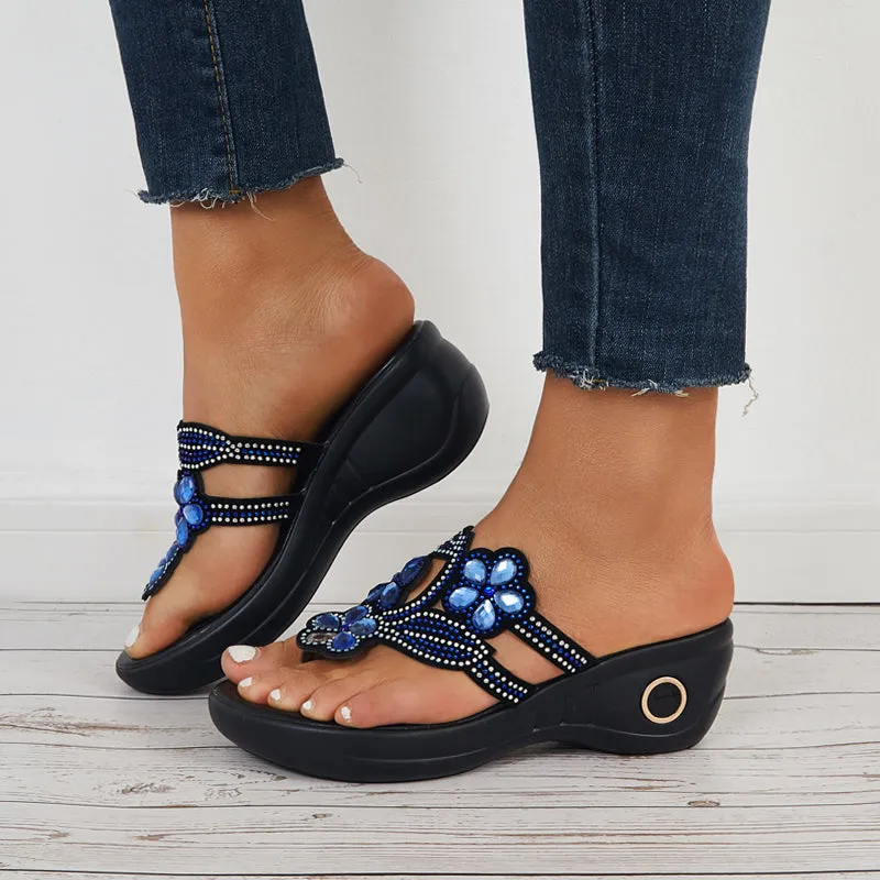 Sohiwoo  Women Flower Rhinestone Platform Wedges Open Toe Flip Flop Slide Sandals