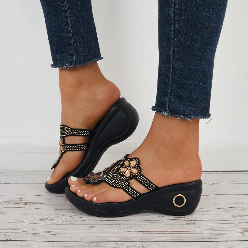 Sohiwoo  Women Flower Rhinestone Platform Wedges Open Toe Flip Flop Slide Sandals