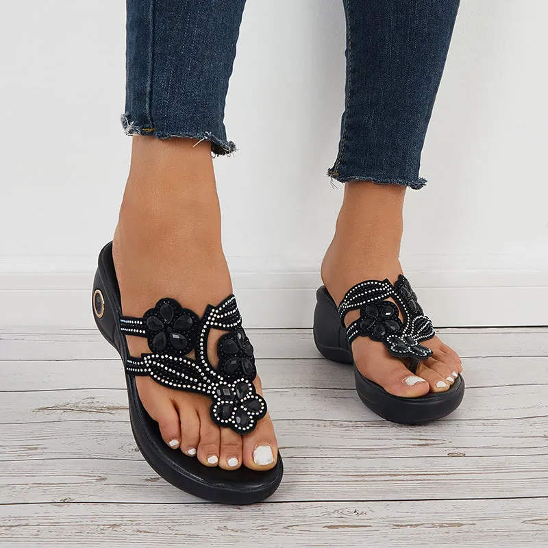 Sohiwoo  Women Flower Rhinestone Platform Wedges Open Toe Flip Flop Slide Sandals
