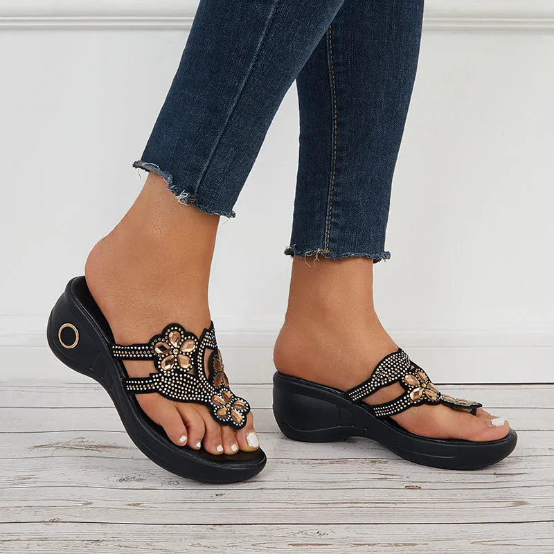 Sohiwoo  Women Flower Rhinestone Platform Wedges Open Toe Flip Flop Slide Sandals