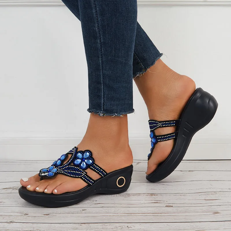 Sohiwoo  Women Flower Rhinestone Platform Wedges Open Toe Flip Flop Slide Sandals