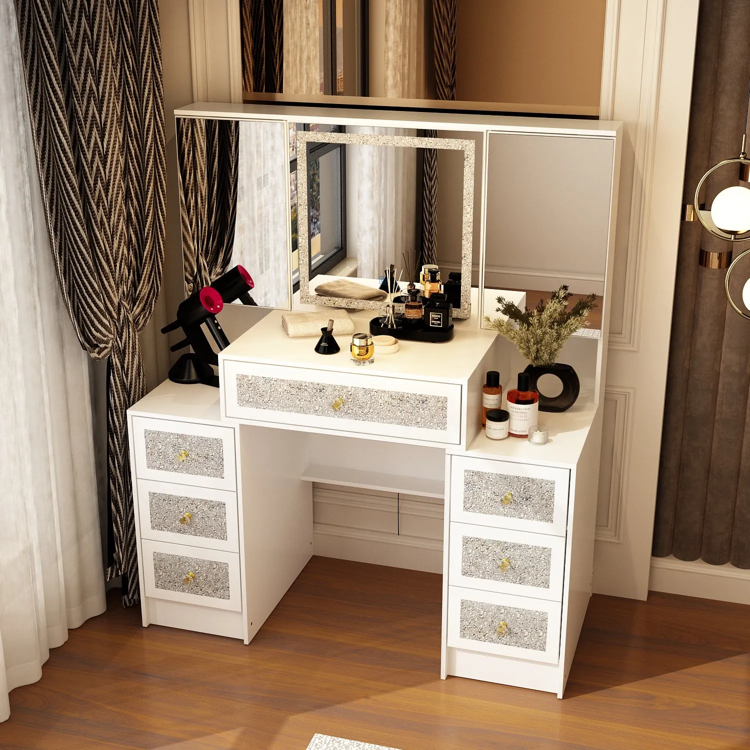 Vanity Desk with Lights & Crushed Diamond