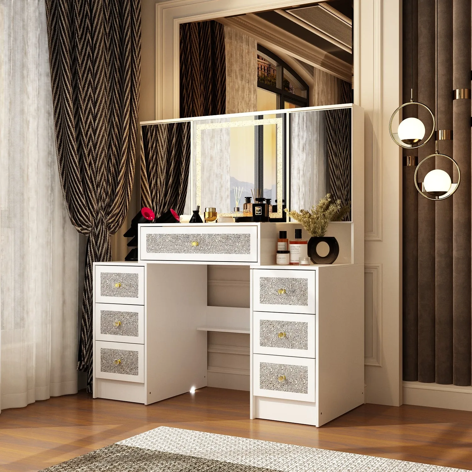 Vanity Desk with Lights & Crushed Diamond